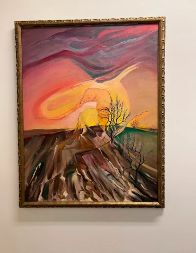 impressionistic painting of sunset over field and trees, the sky is a million colors