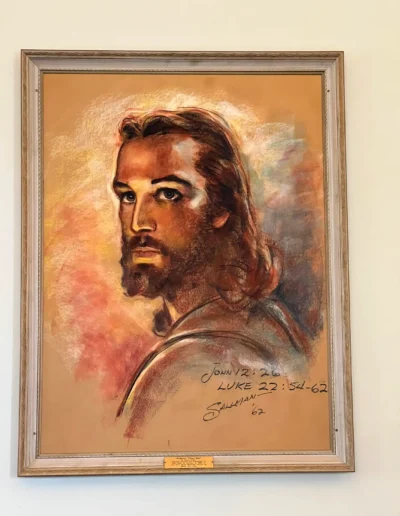 pastel drawing of jesus with intense blue eyes